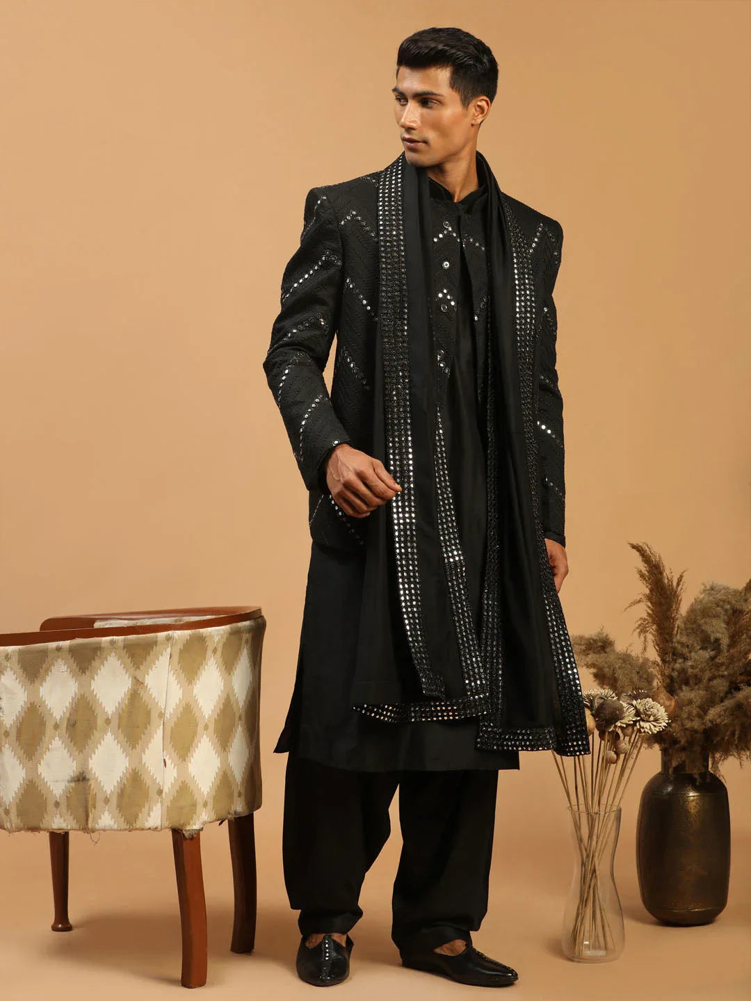 Men's Black Mirror Jodhpuri With Kurta Patiala And Dupatta Set