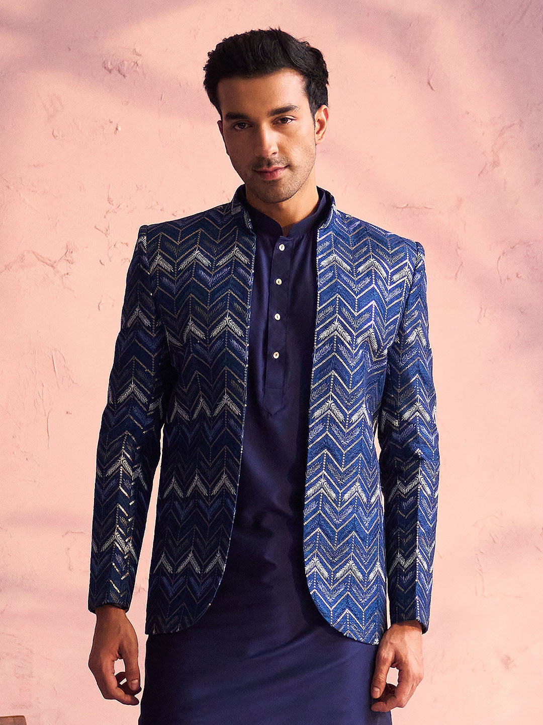 Men's Navy Blue Silk Embroidered Jodhpuri