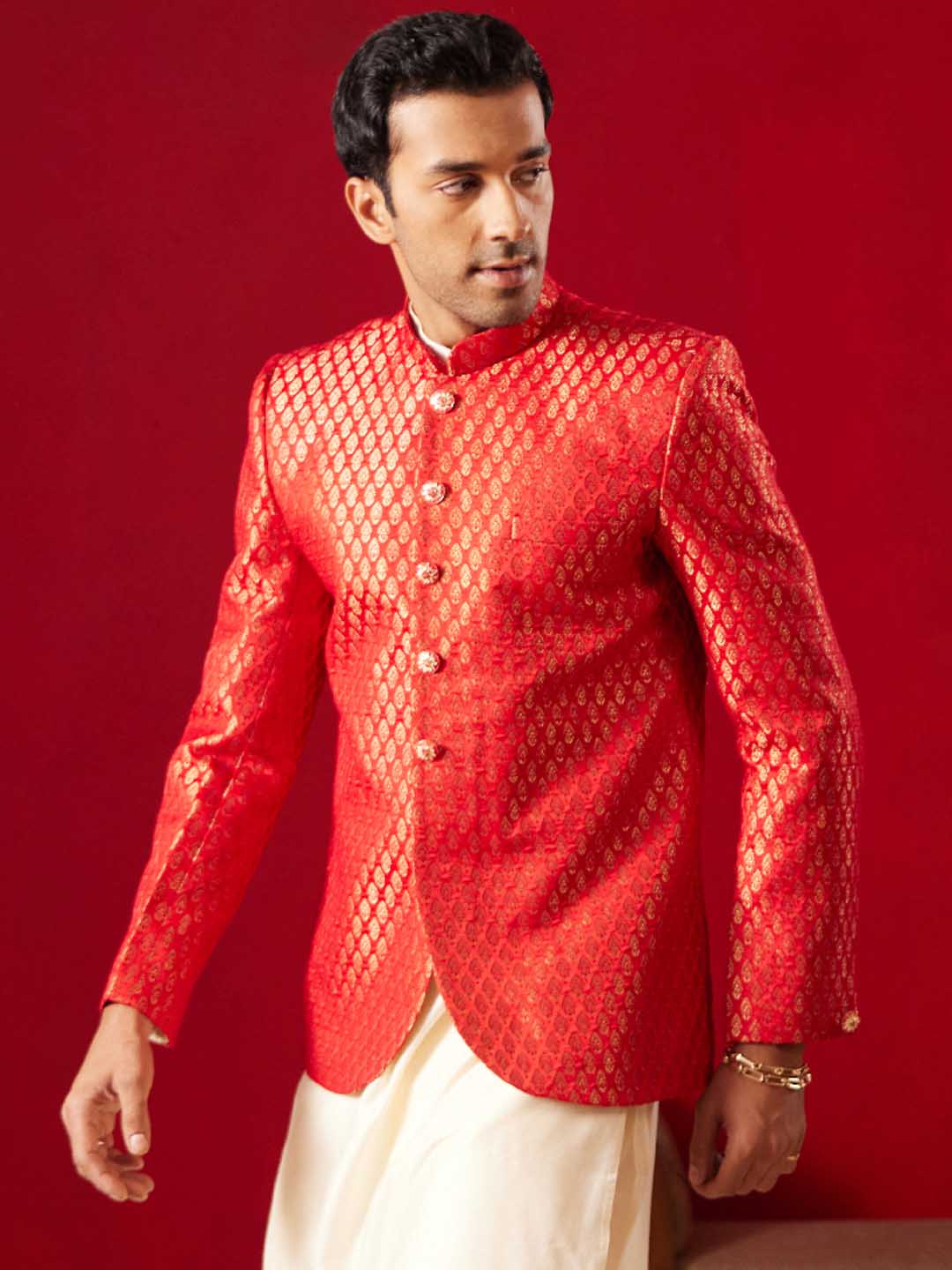 Men's Red Banarasi Woven Jodhpuri