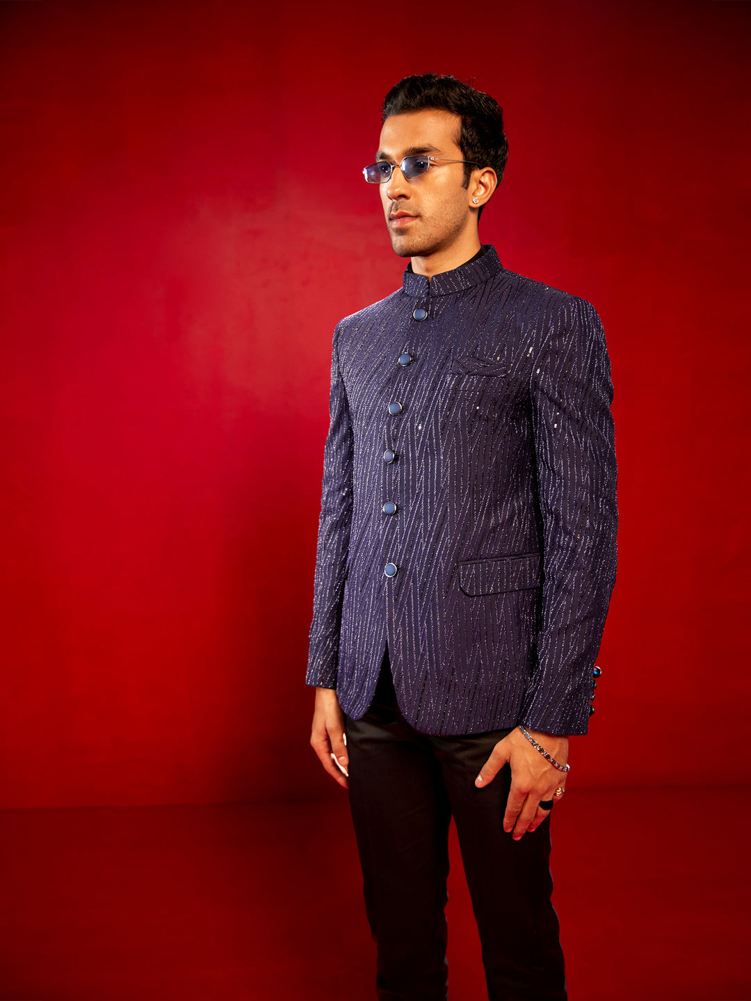 Men's Navy Blue Sequined Jodhpuri