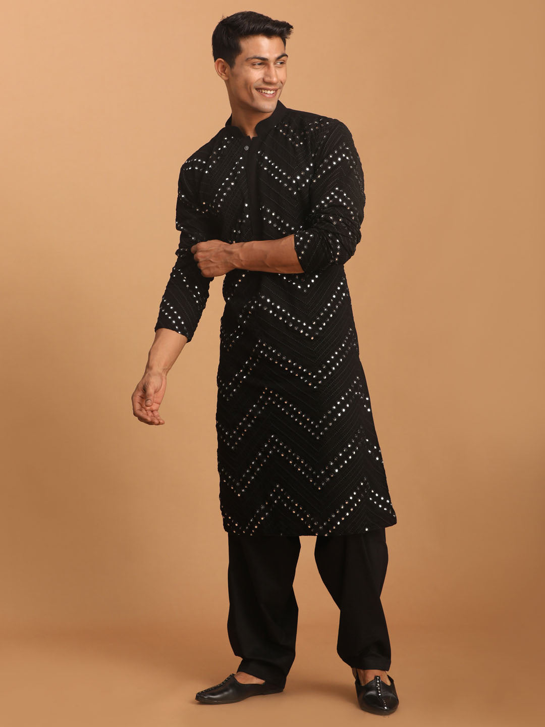 Men's Black Mirror Kurta With Patiala Set
