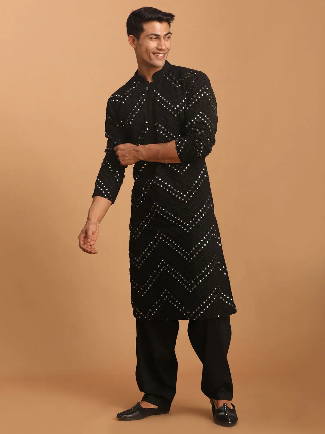 Men's Black Mirror Kurta With Patiala Set