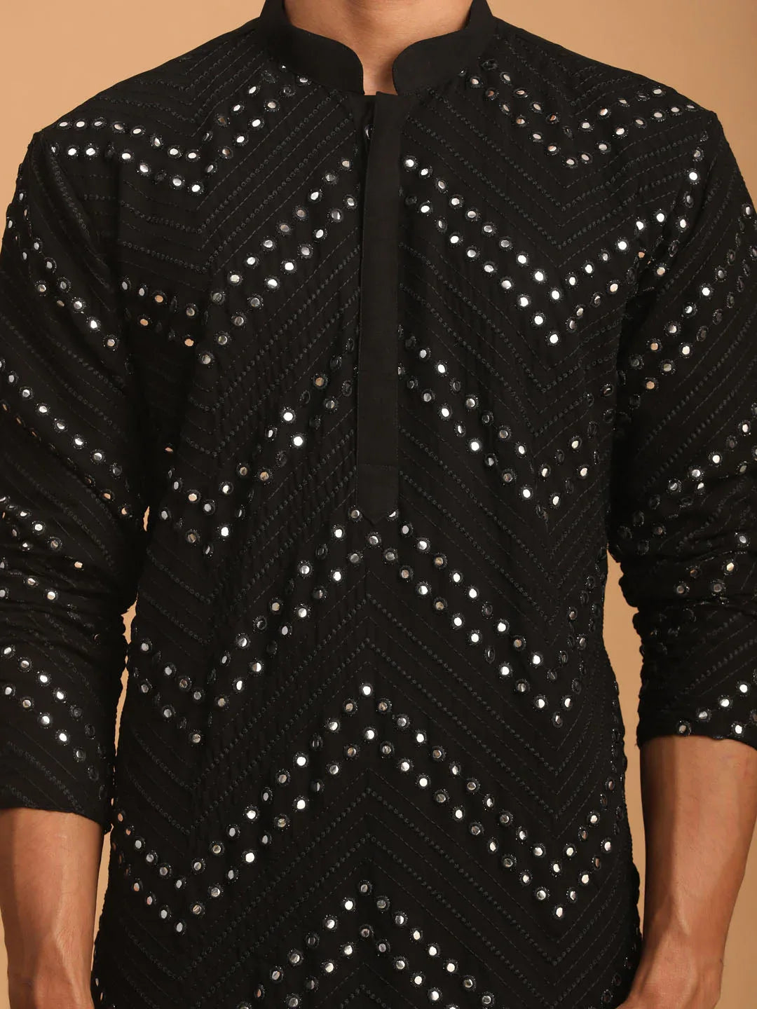 Men's Black Mirror Kurta With Patiala Set