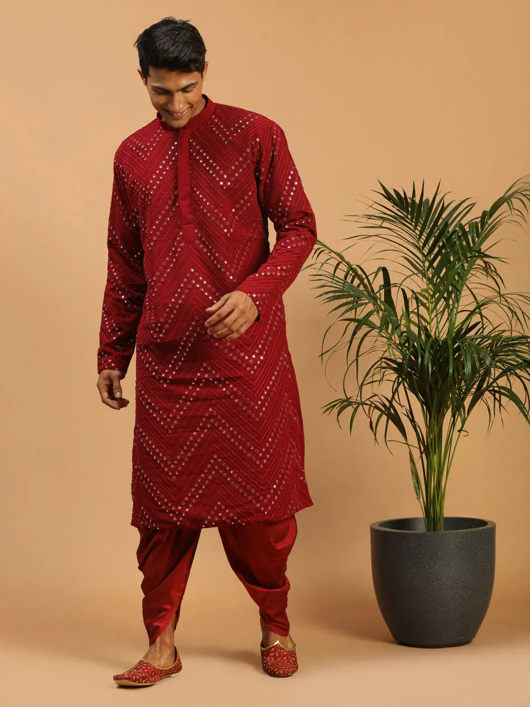 Men's Maroon Mirror Kurta Dhoti Set