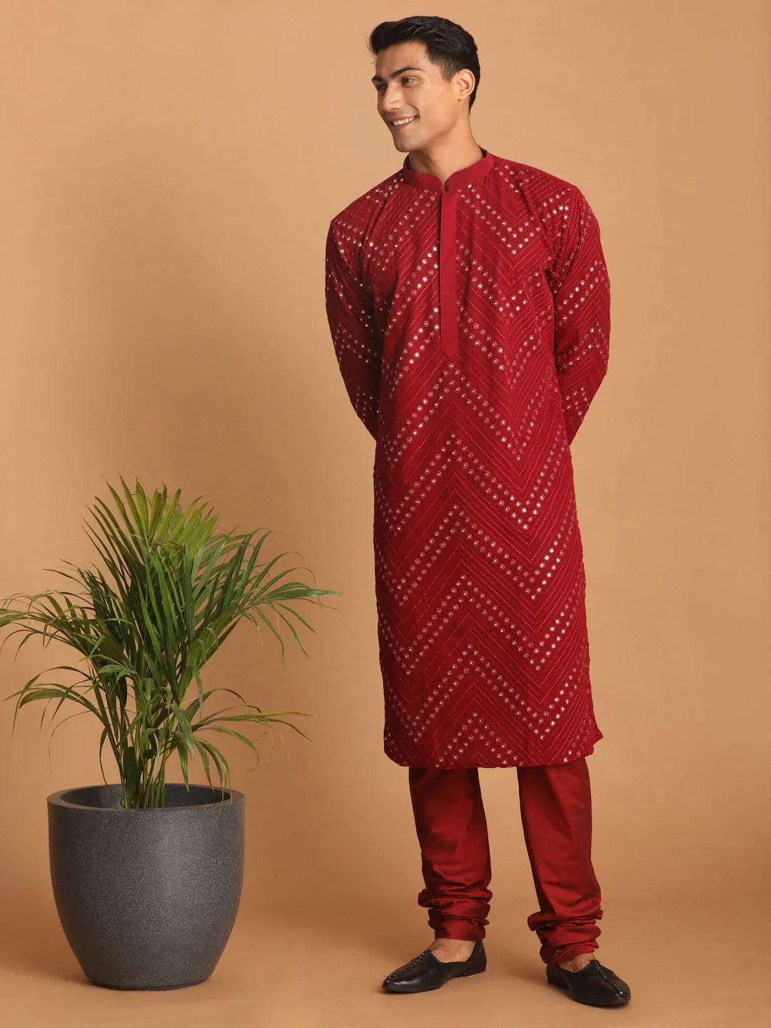 Men's Maroon Mirror Kurta Pyjama Set