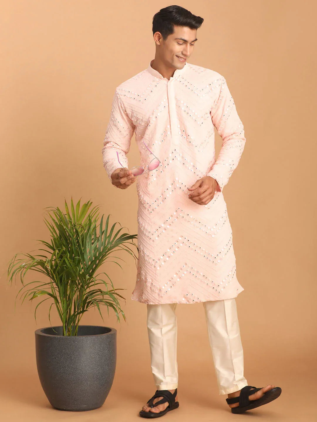 Men's Pink Mirror Kurta Pant Set