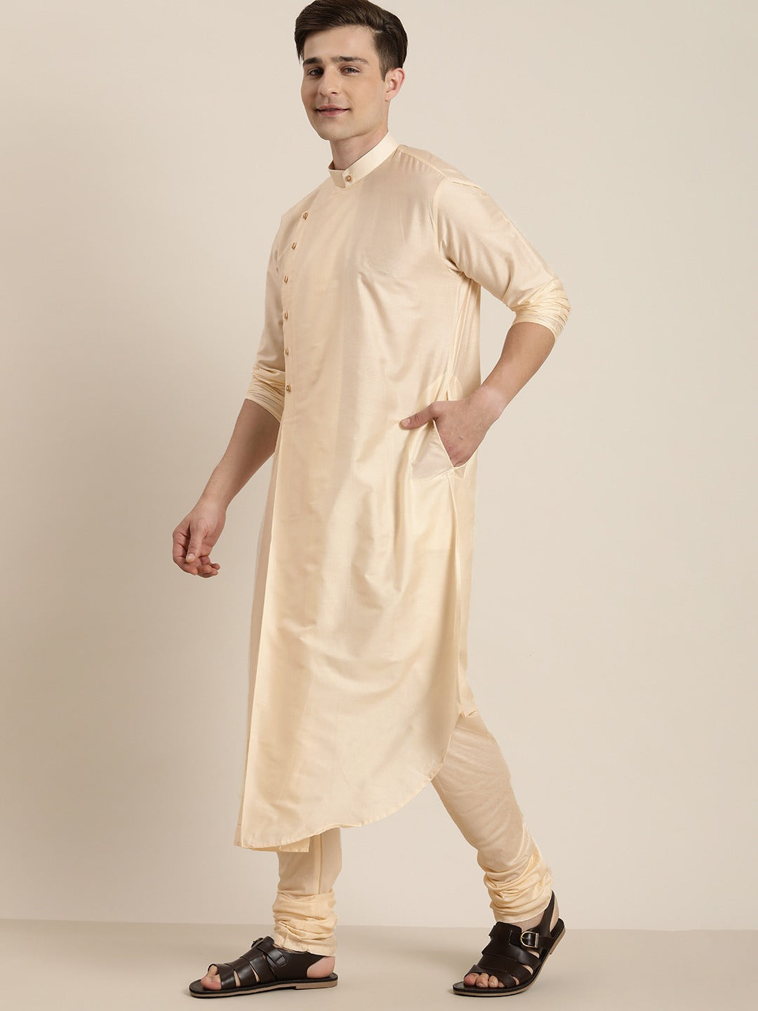 Men's Beige Pleated Kurta