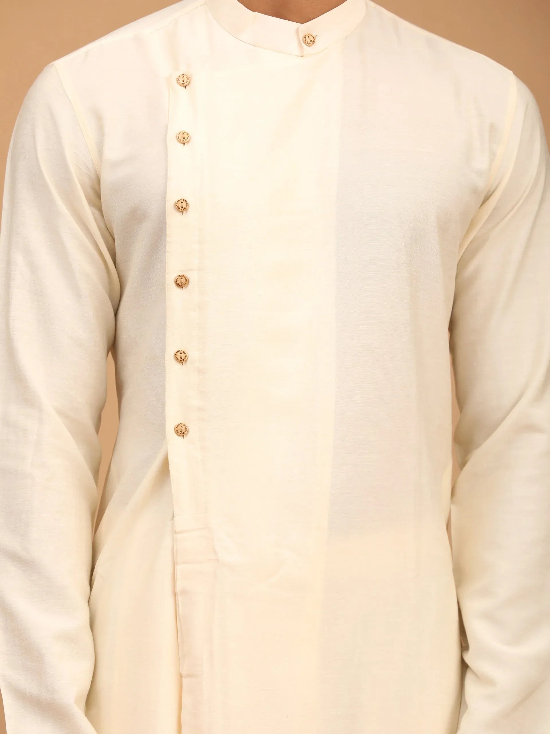 Men's Cream Pleated Kurta And Churidar Set With Mirror Dupatta