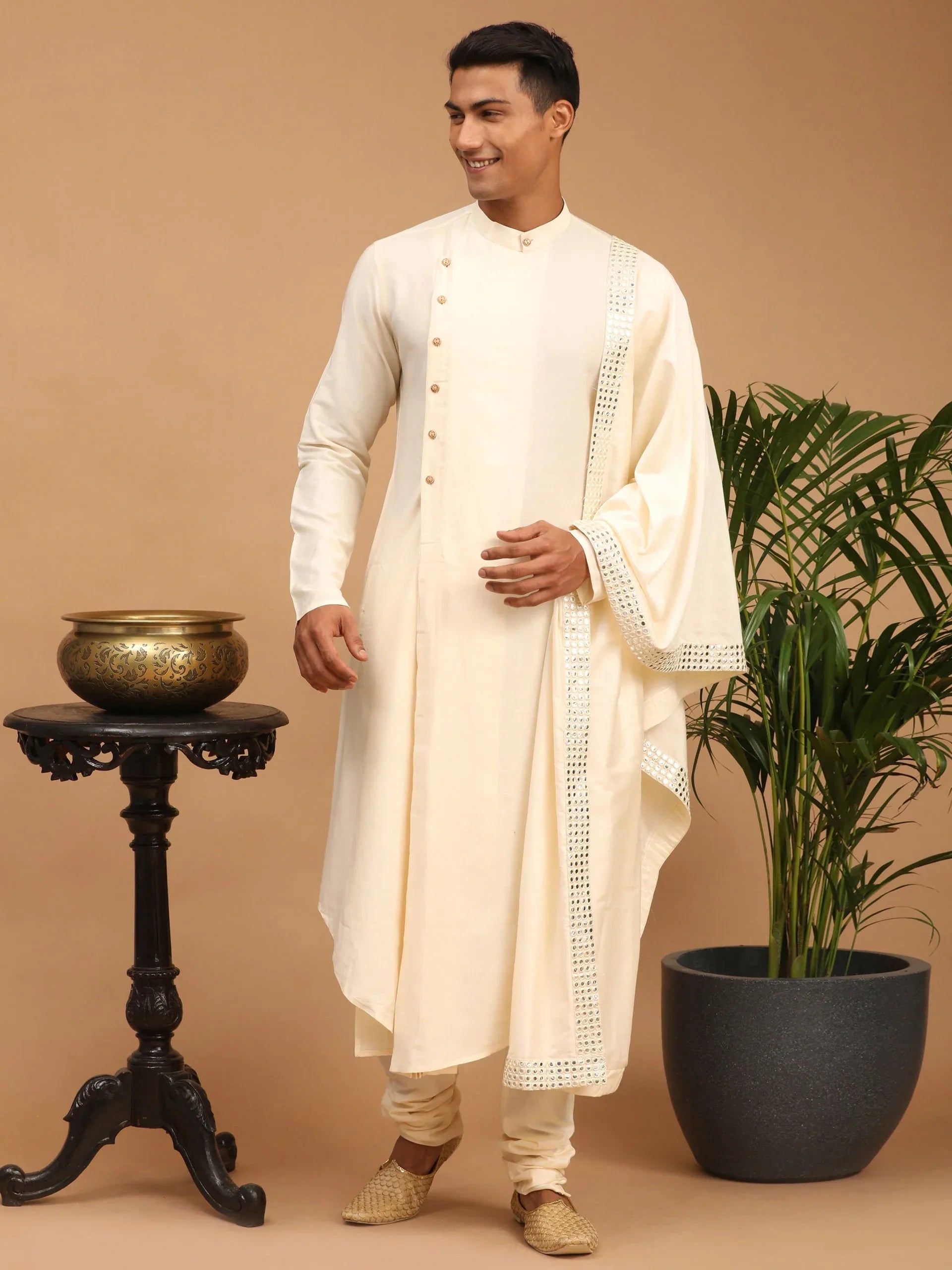 Men's Cream Pleated Kurta And Churidar Set With Mirror Dupatta
