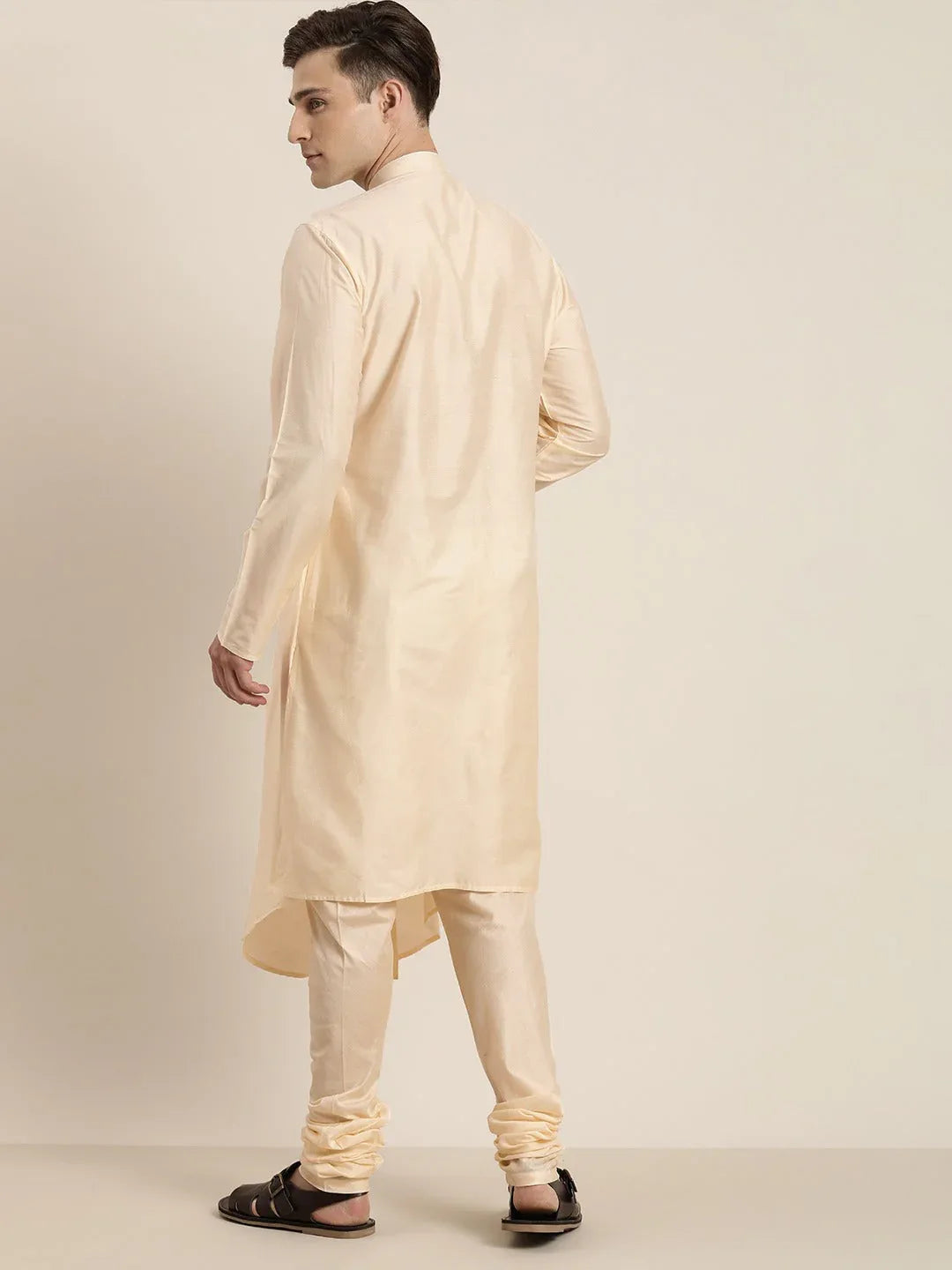 Men's Cream Pleated Kurta With Churidar Set