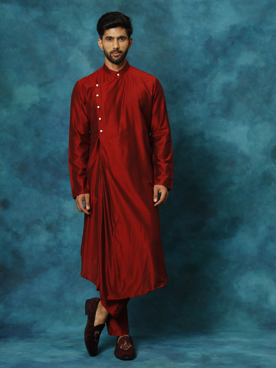 Men's Maroon Pleated Kurta