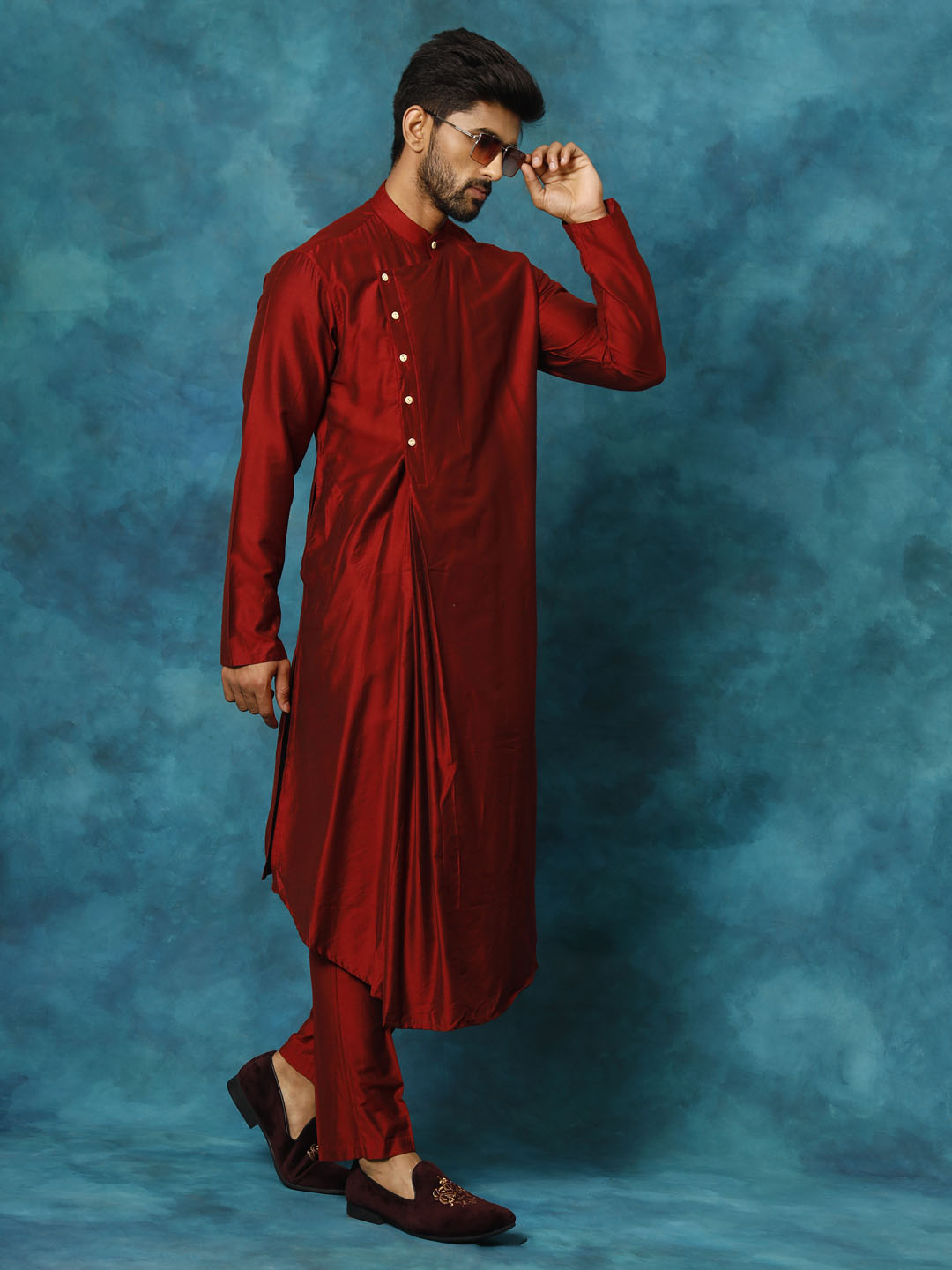 Men's Maroon Pleated Kurta