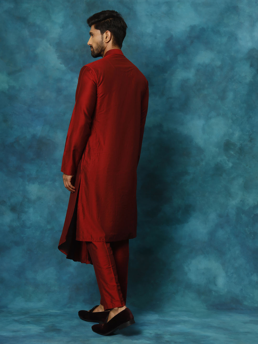 Men's Maroon Pleated Kurta