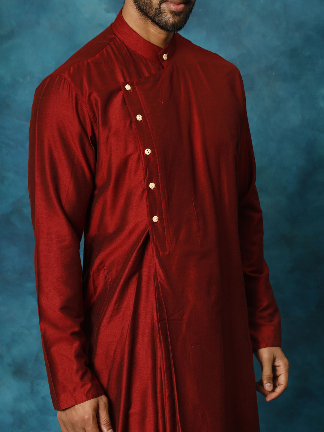 Men's Maroon Pleated Kurta