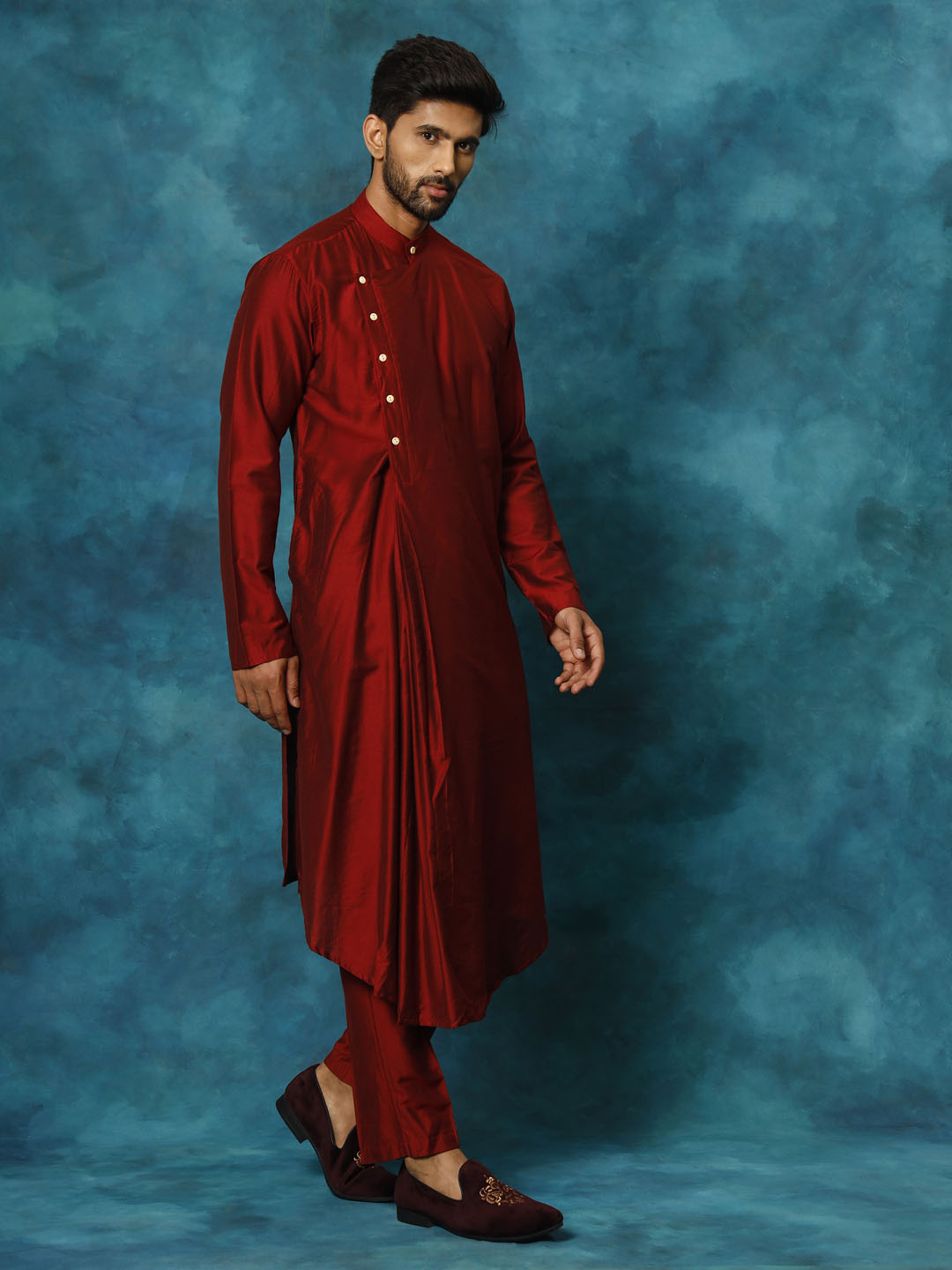 Men's Maroon Pleated Kurta