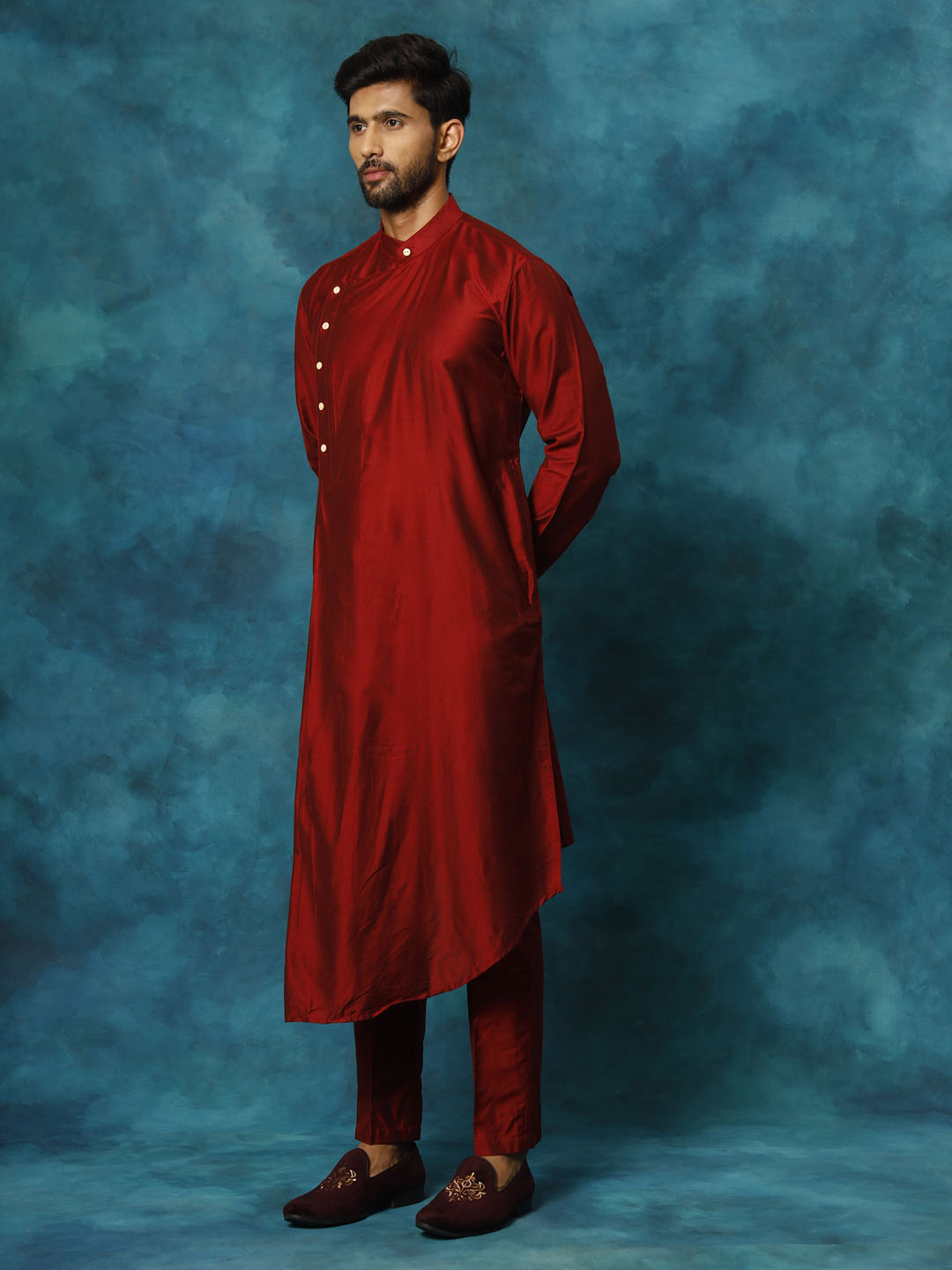 Men's Maroon Pleated Kurta