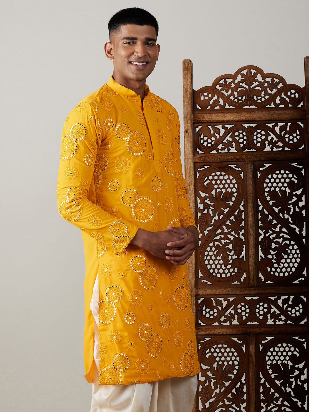 Men's Yellow Embroidered Kurta