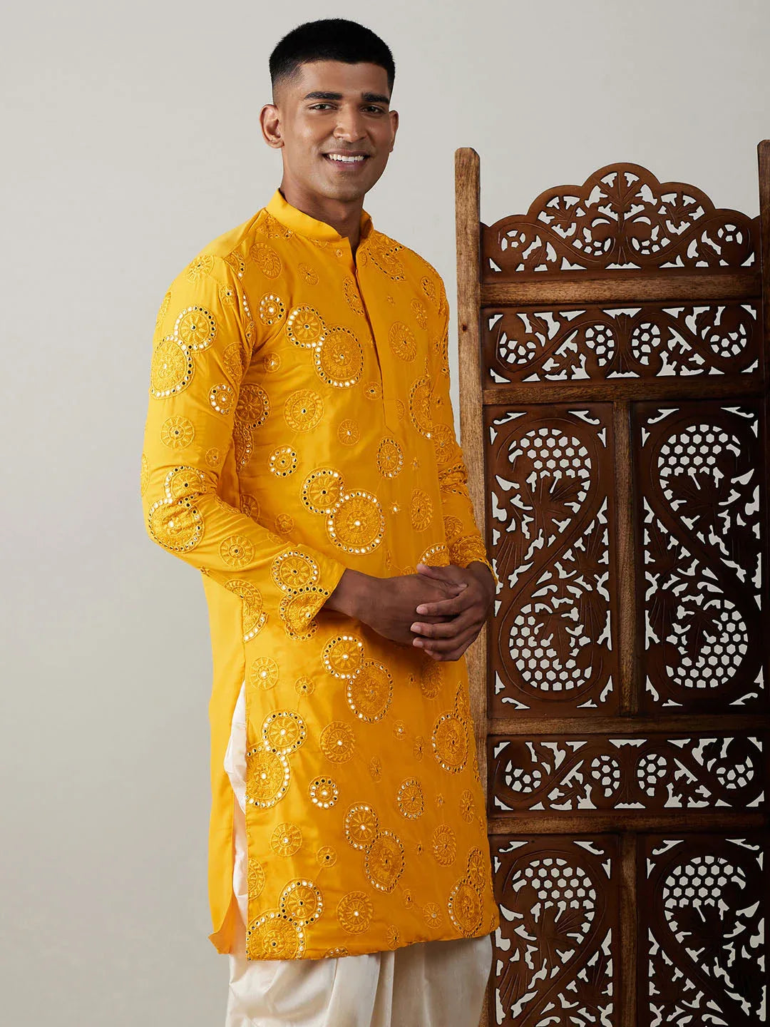 Men's Yellow Embroidered Kurta