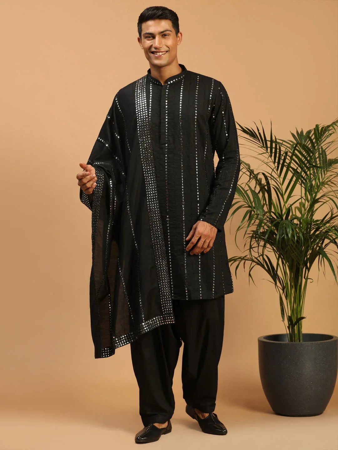 Men's Black Mirror Kurta With Patiala And Dupatta Set