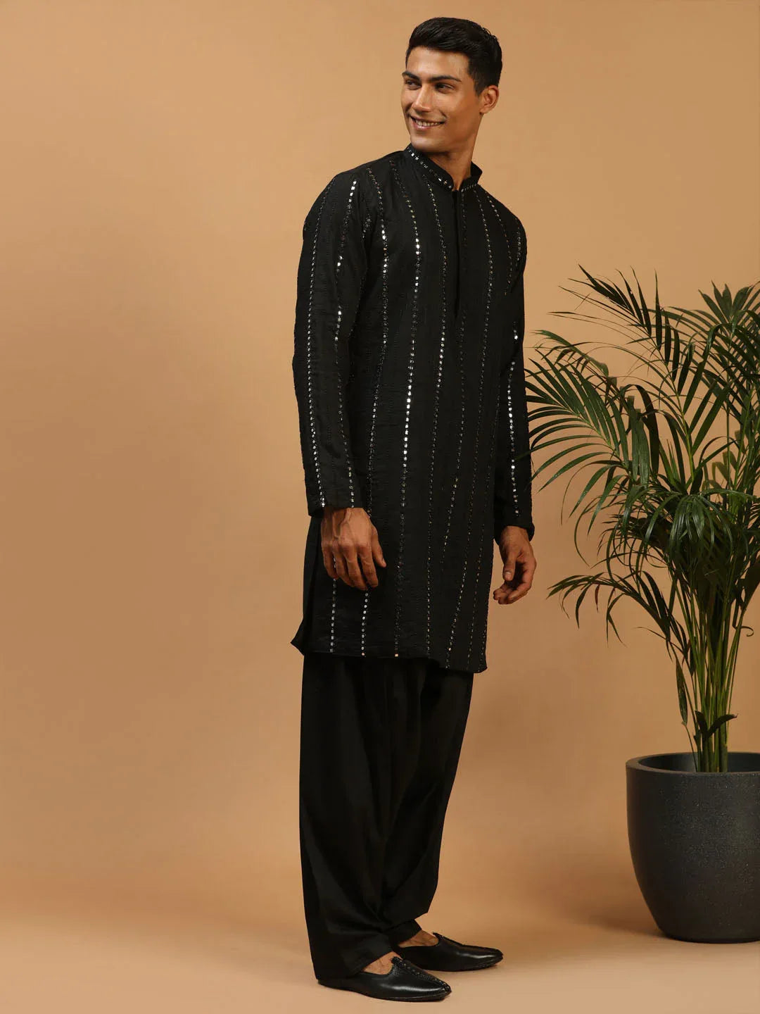 Men's Black Mirror Kurta With Patiala And Dupatta Set