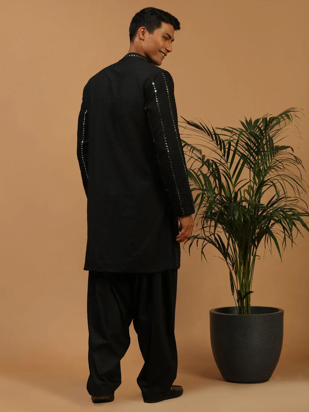 Men's Black Mirror Kurta With Patiala And Dupatta Set