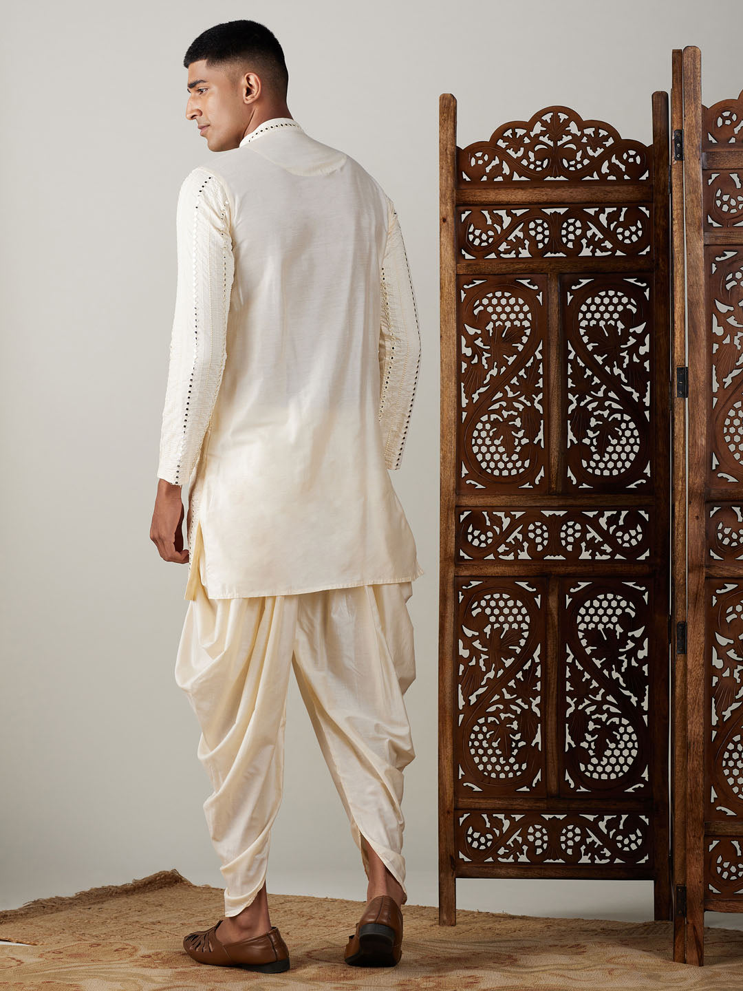 Men's Cream Mirror Kurta Dhoti Set