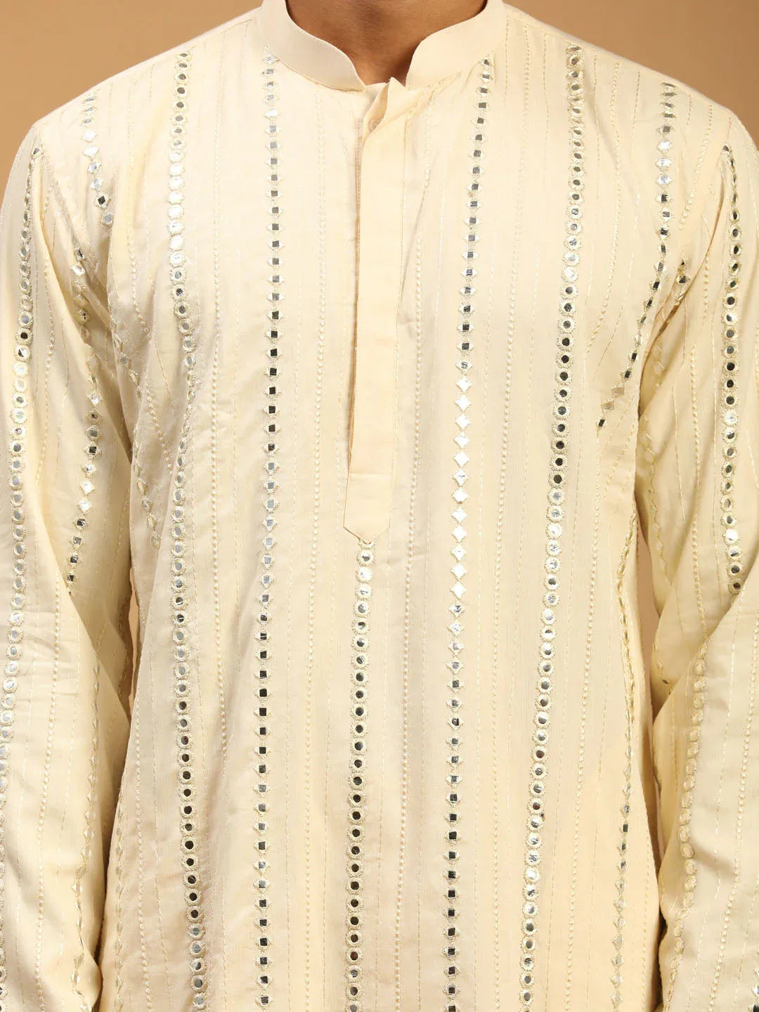 Men's Cream Mirror Kurta Pant And Dupatta Set