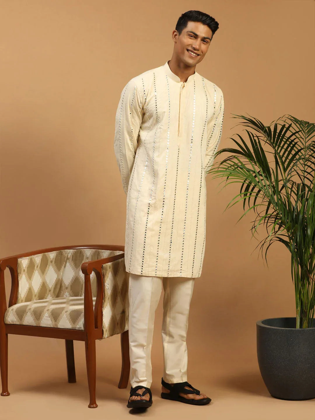 Men's Cream Mirror Kurta Pant With Dupatta Set