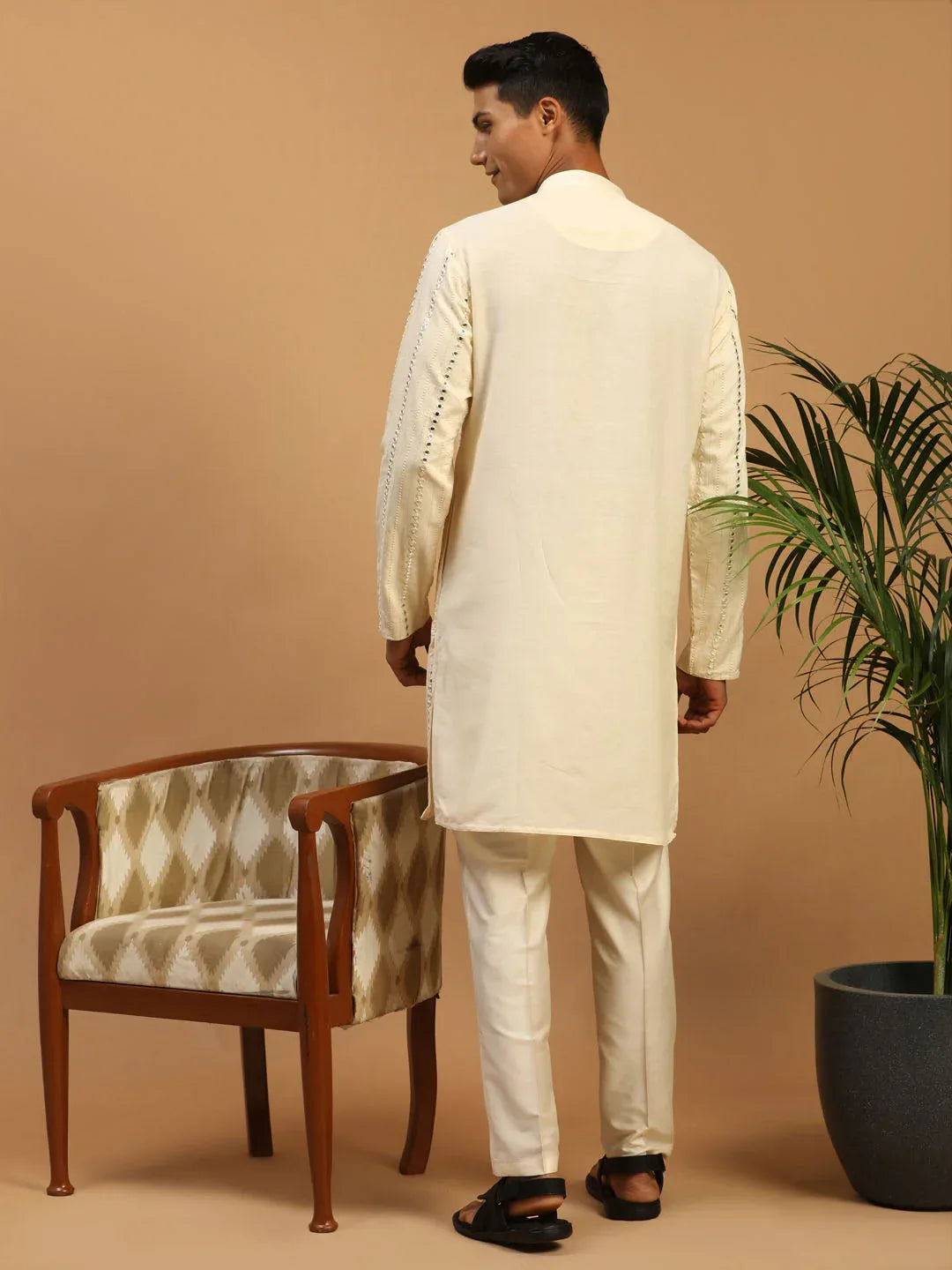 Men's Cream Mirror Kurta Pant With Dupatta Set