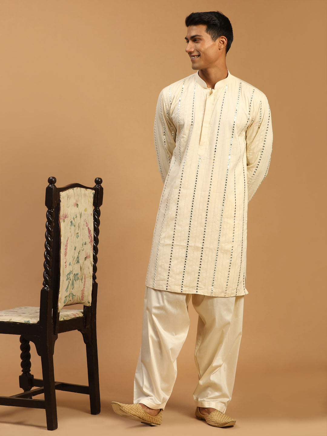 Men's Cream Mirror Kurta With Patiala Set