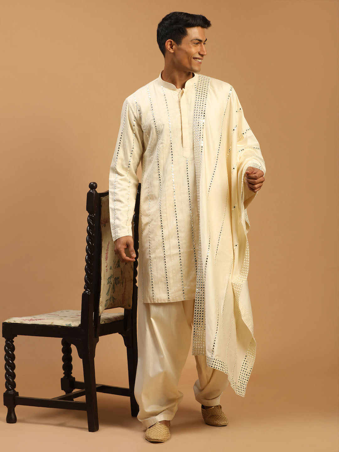 Men's Cream Mirror Kurta Patiala With Dupatta Set