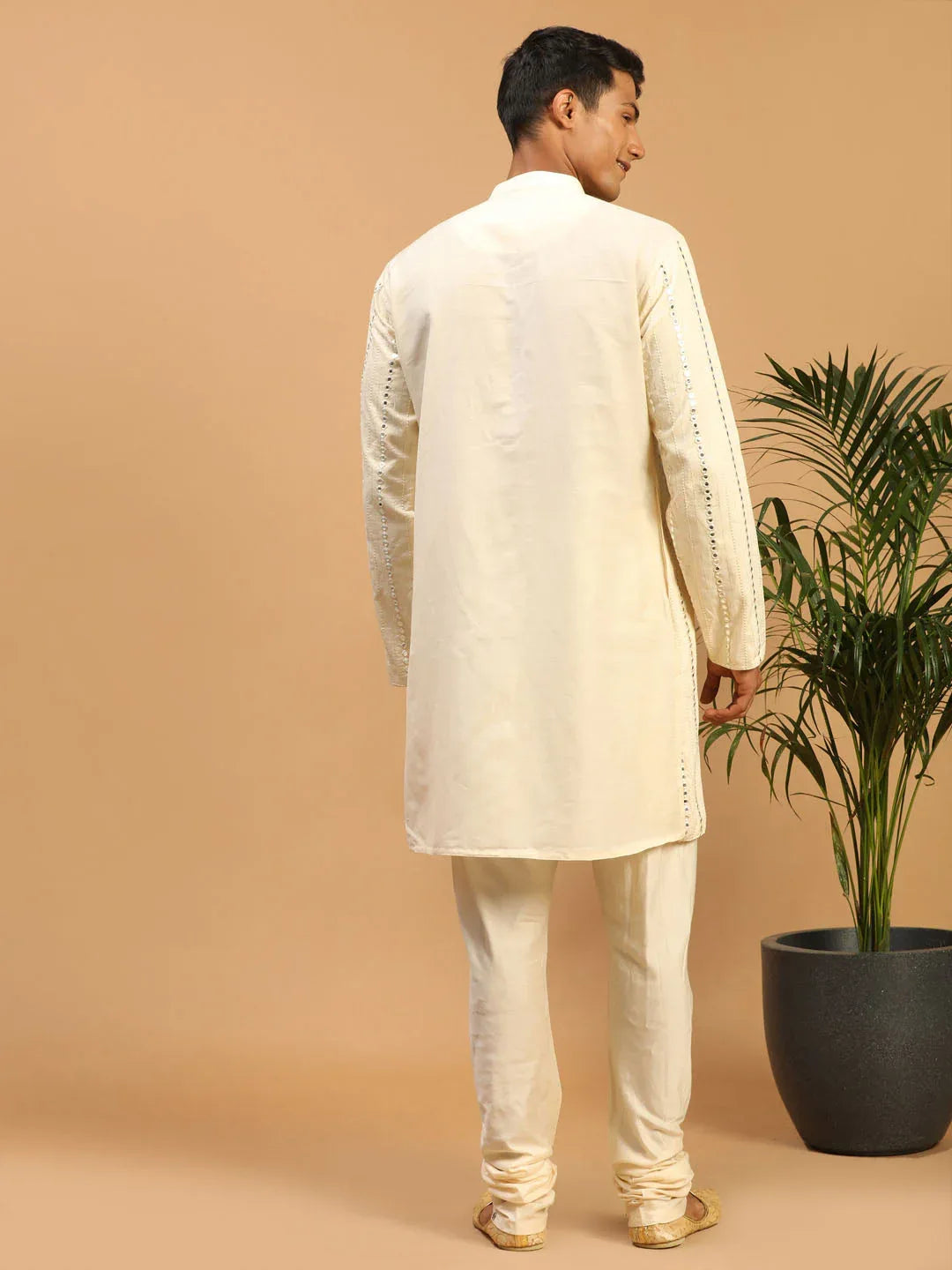 Men's Cream Vertical Mirror Kurta Pyjama Set