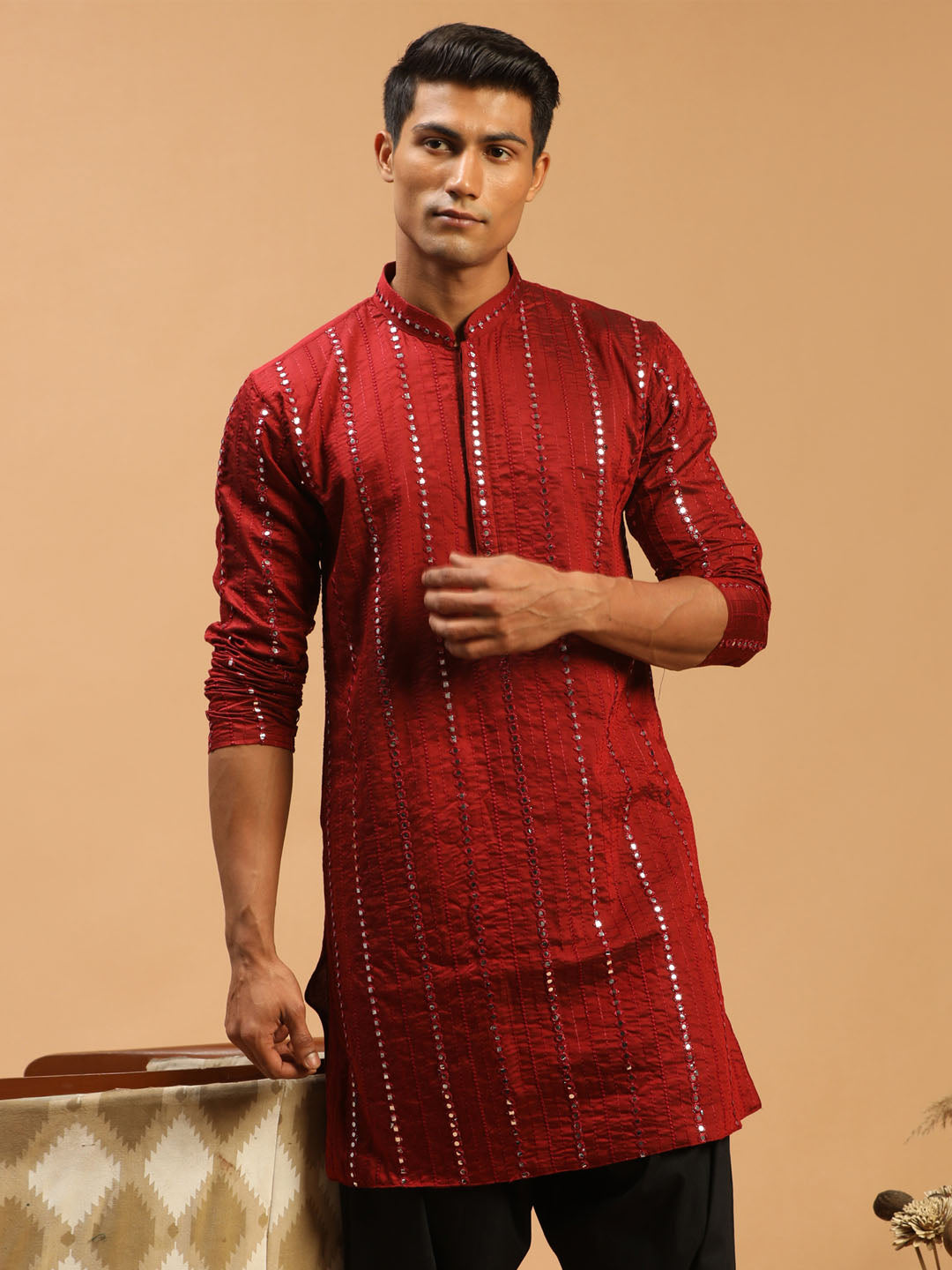 Men's Maroon Mirror Kurta