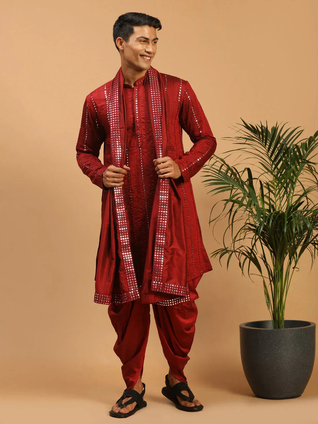 Men's Maroon Mirror Kurta With Dhoti And Dupatta Set