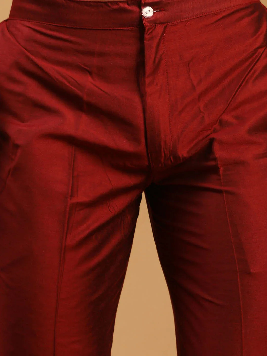 Men's Maroon Viscose Kurta With Pant Set