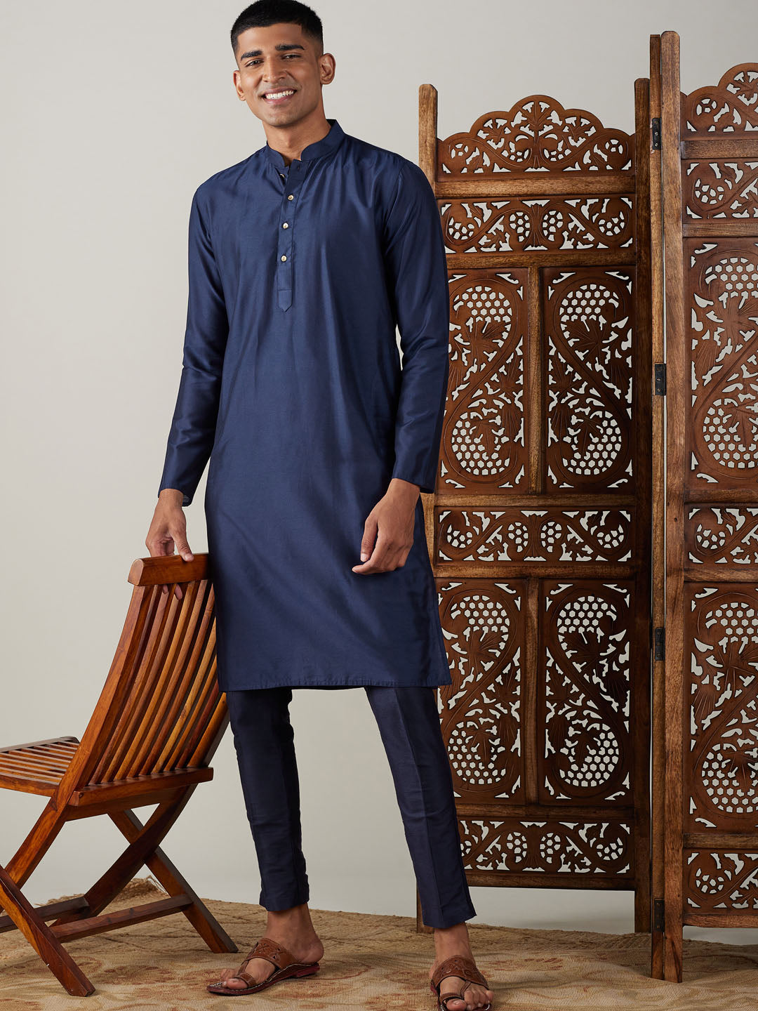 Men's Navy Blue Viscose Kurta With Pant Set