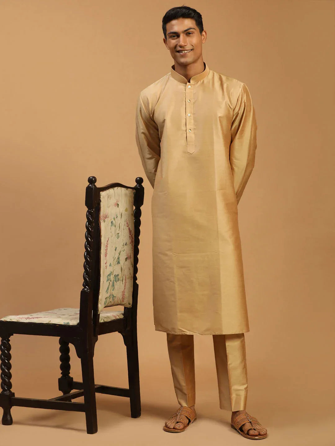 Men's Rose Gold Viscose Kurta With Pant Set