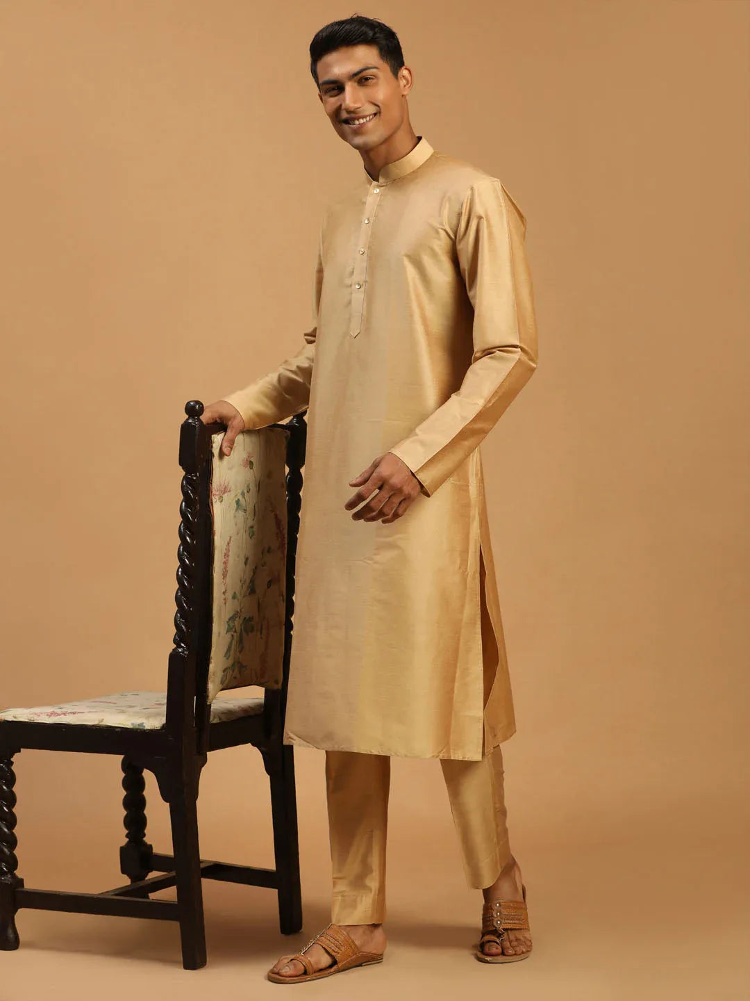 Men's Rose Gold Viscose Kurta Pyjama And Dupatta Set