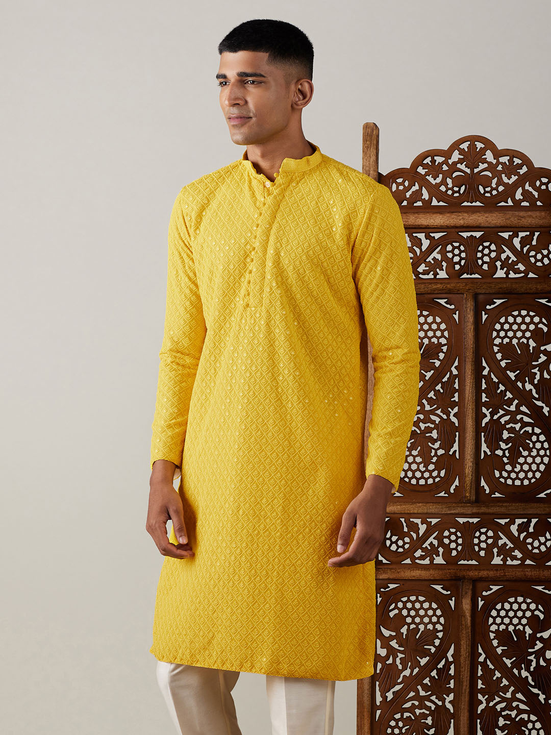 Men's Yellow Embroidery Worked Georgette Kurta