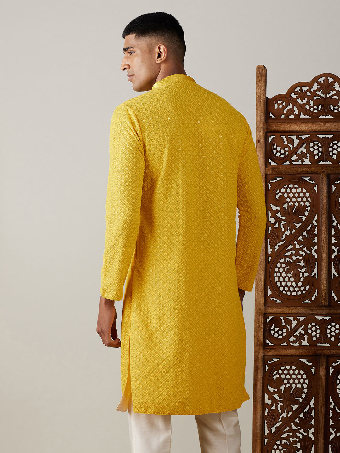 Men's Yellow Embroidery Worked Georgette Kurta