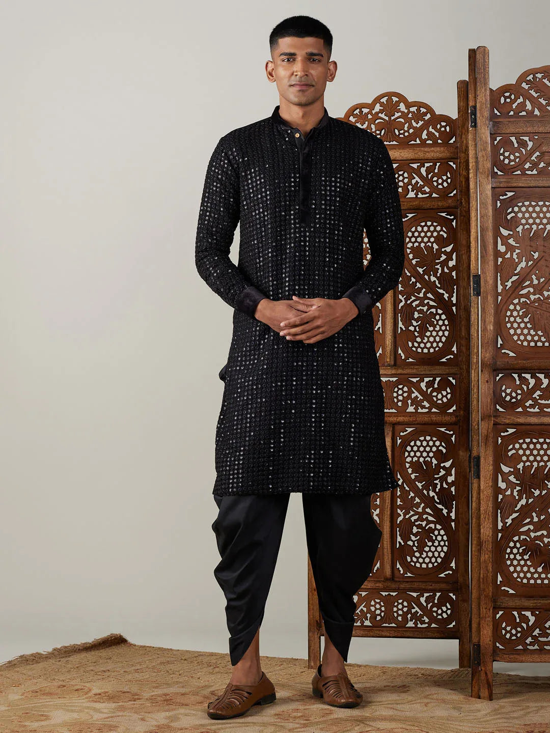 Men's Black Mirror Georgette Kurta Dhoti Set