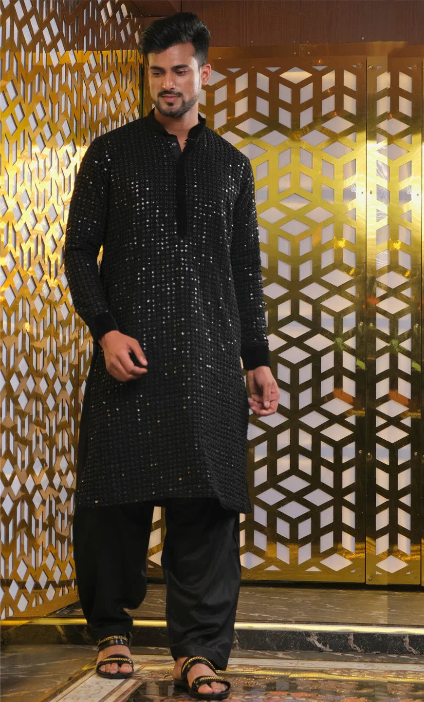 Men's Black Mirror Georgette Kurta With Patiala Set