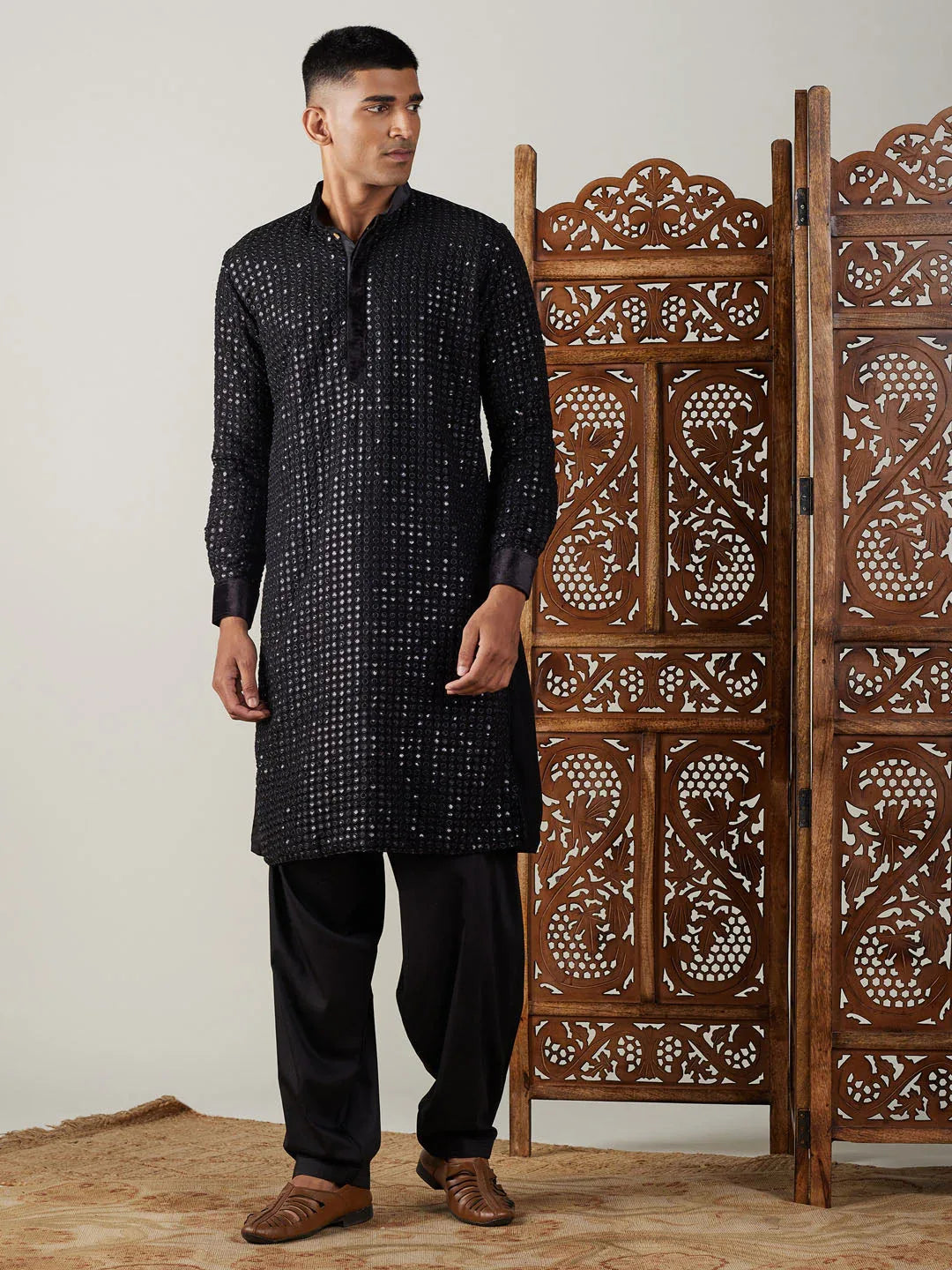 Men's Black Mirror Georgette Kurta With Patiala Set