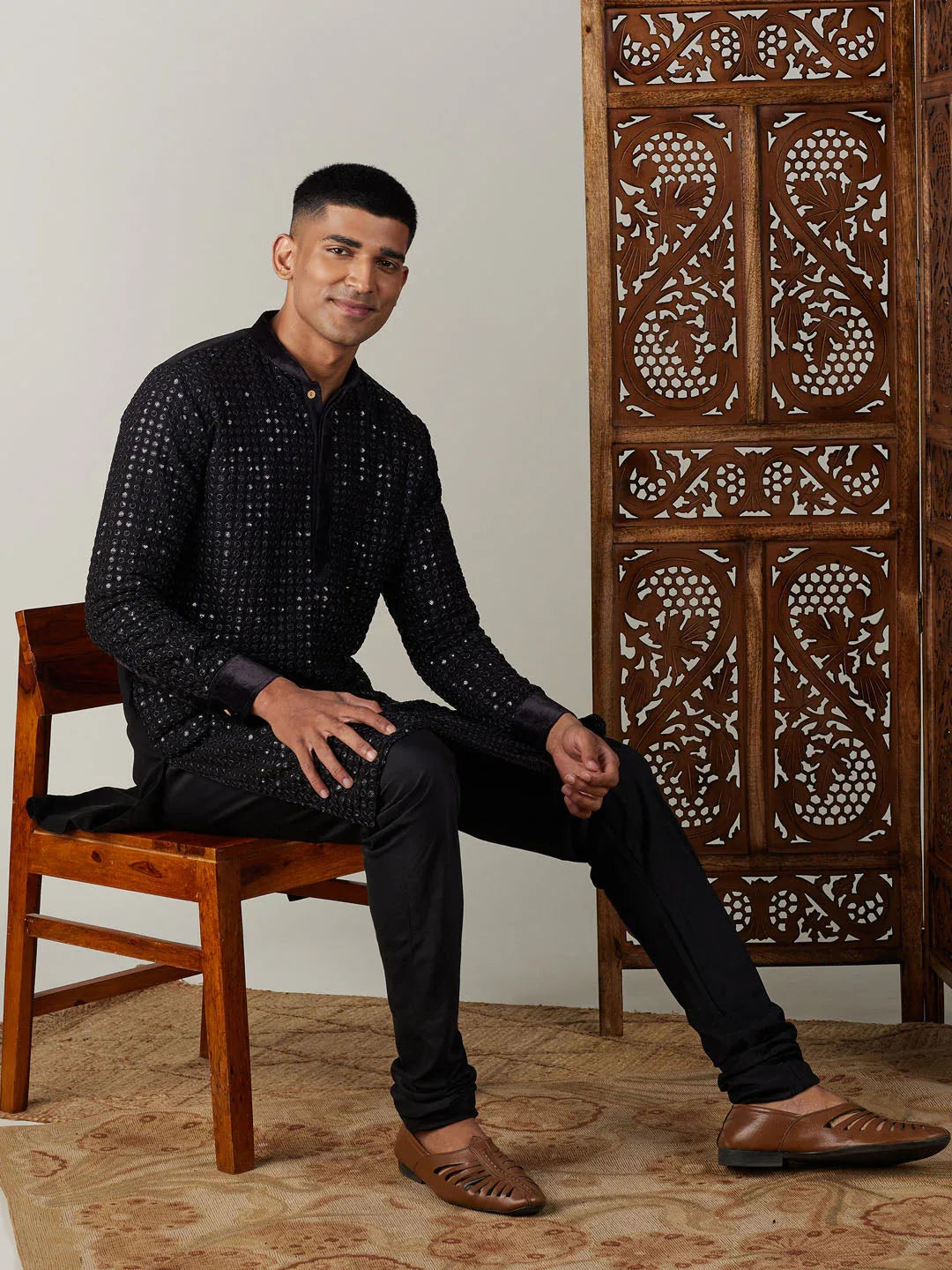 Men's Black Mirror Georgette Kurta Pyjama Set