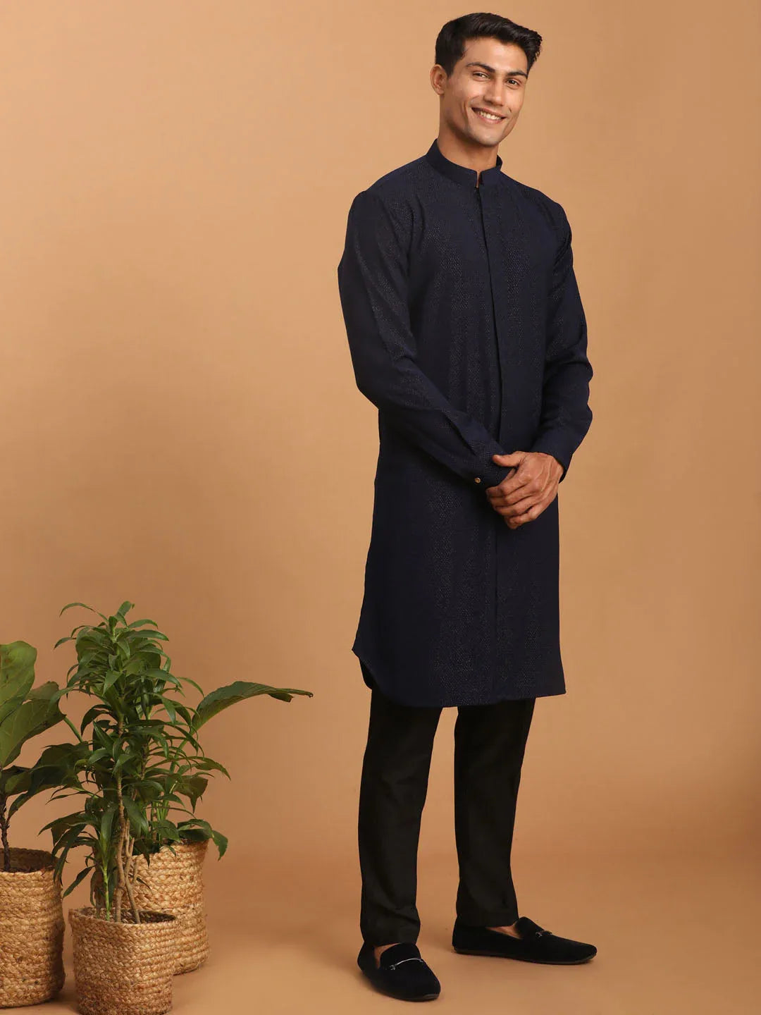 Men's Navy Blue Printed Kurta Pant Set