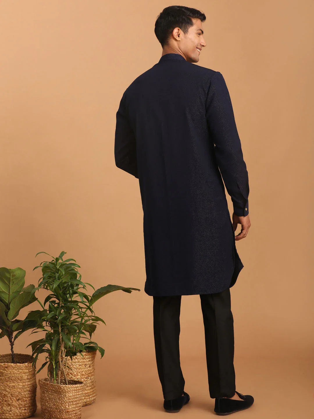 Men's Navy Blue Printed Kurta Pant Set