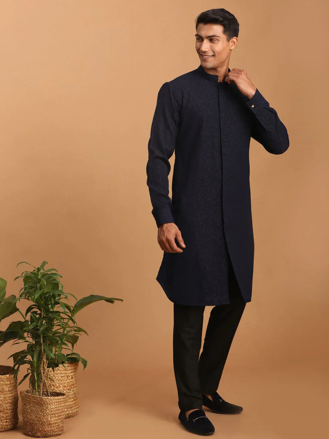 Men's Navy Blue Printed Kurta Pant Set