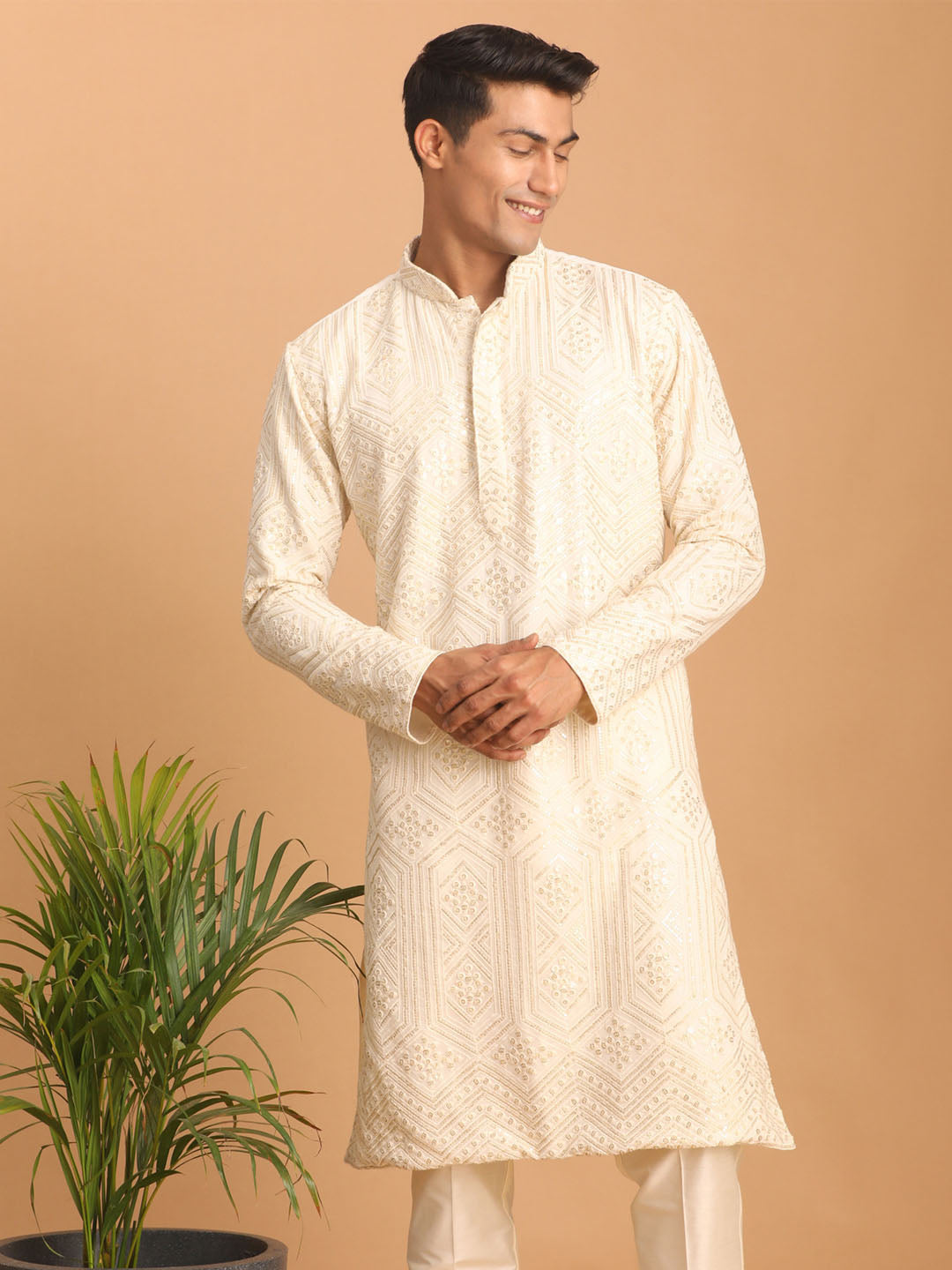 Men's Cream Golden Sequin Embroidered Kurta
