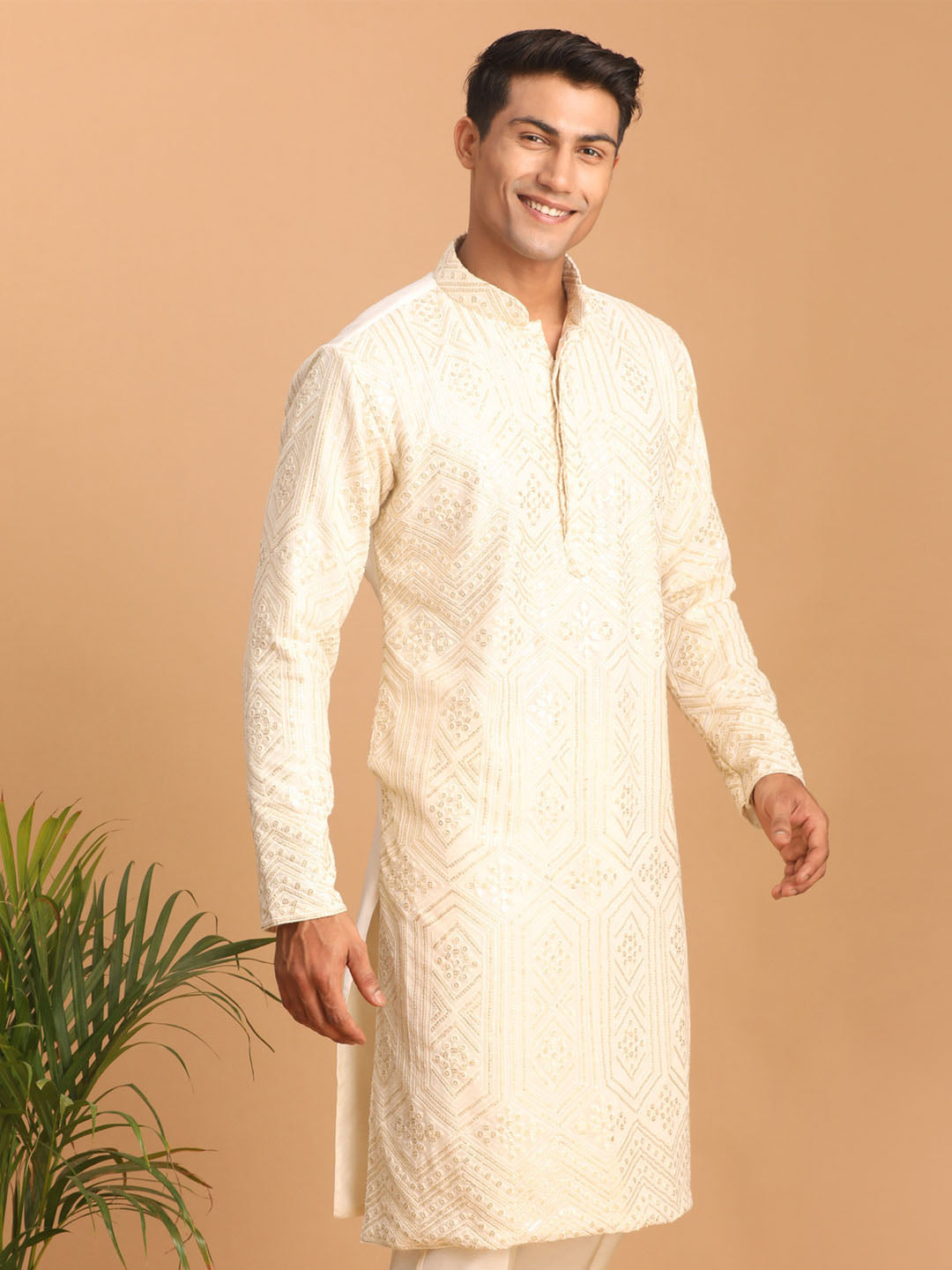 Men's Cream Golden Sequin Embroidered Kurta