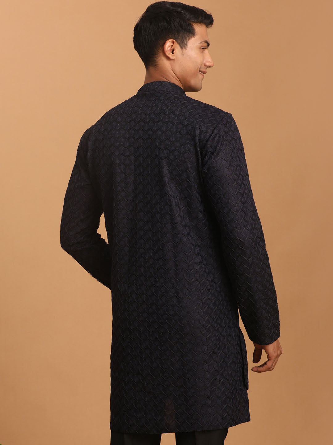 Men's Navy Blue Silk Blend Self Design Kurta